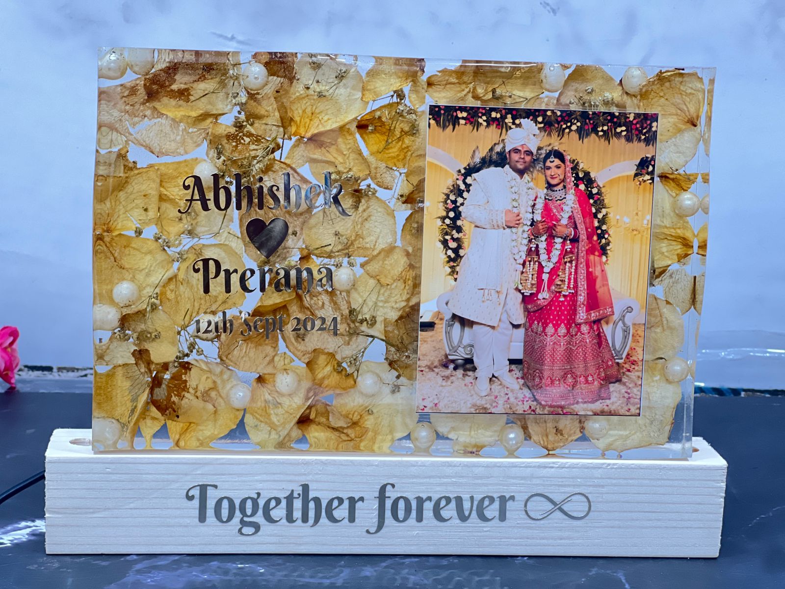 Resin 9 by 6inch Recatngular shape with white petals and  couple photo and Name,Date,Hastag, with LED stand Varmala preservation