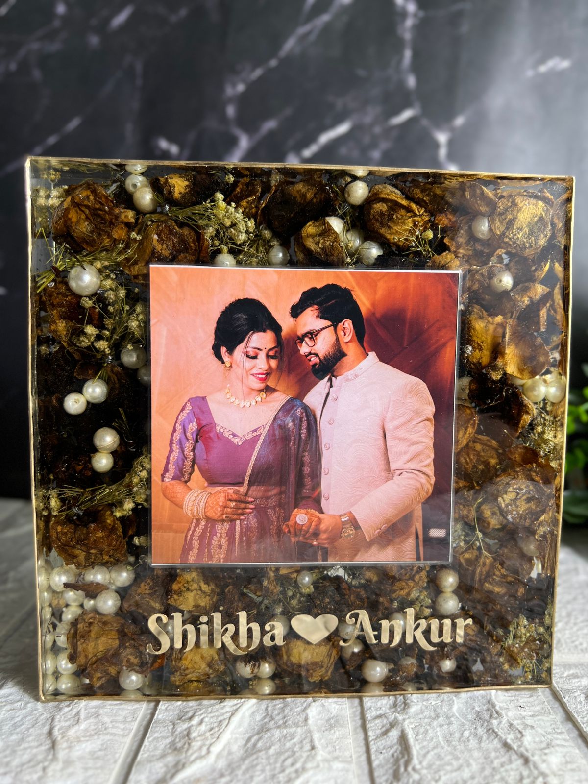Resin 8inch block with couple photo and Name with yellow flowers and pearls Varmala preservation