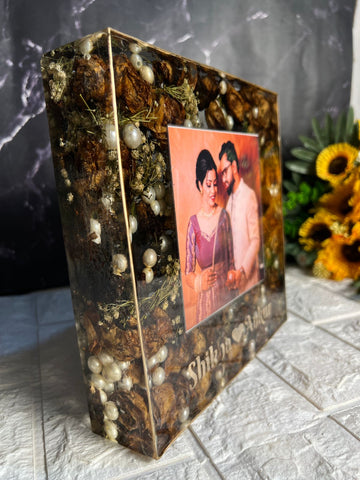 Resin 8inch block with couple photo and Name with yellow flowers and pearls Varmala preservation