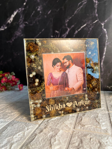 Resin 8inch block with couple photo and Name with yellow flowers and pearls Varmala preservation
