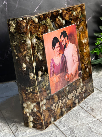 Resin 8inch block with couple photo and Name with yellow flowers and pearls Varmala preservation