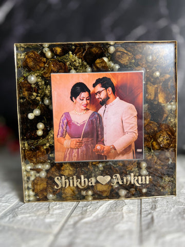 Resin 8inch block with couple photo and Name with yellow flowers and pearls Varmala preservation