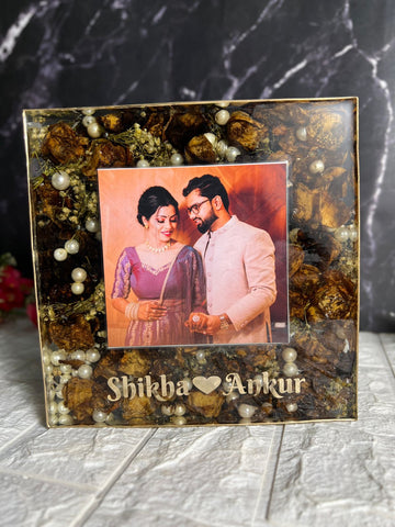 Resin 8inch block with couple photo and Name with yellow flowers and pearls Varmala preservation