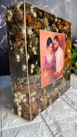 Resin 8inch block with couple photo and Name with yellow flowers and pearls Varmala preservation