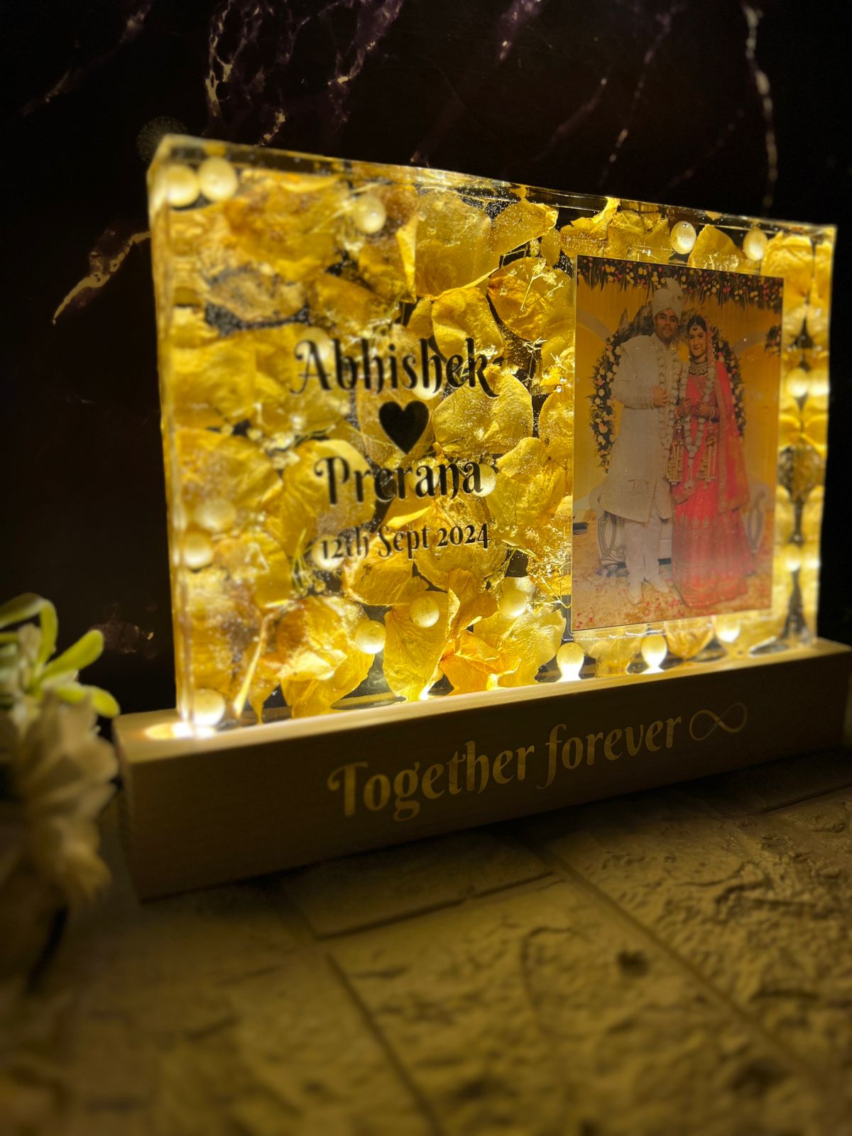 Resin 9 by 6inch Recatngular shape with white petals and  couple photo and Name,Date,Hastag, with LED stand Varmala preservation