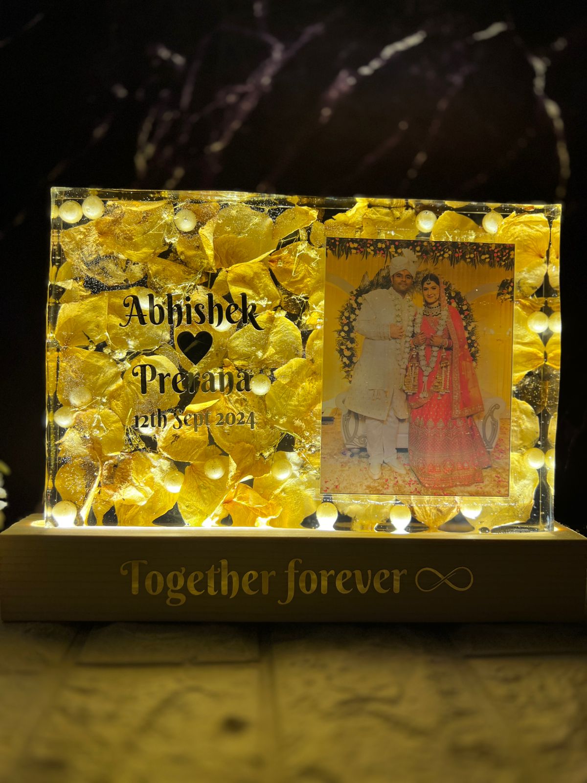 Resin 9 by 6inch Recatngular shape with white petals and  couple photo and Name,Date,Hastag, with LED stand Varmala preservation