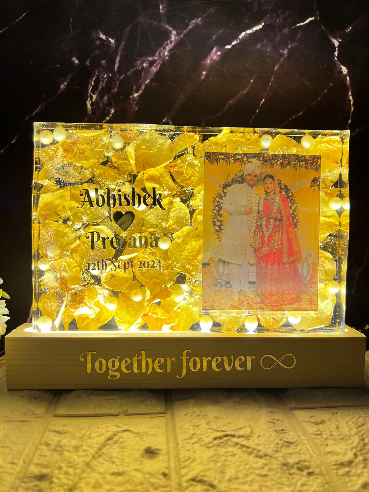 Resin 9 by 6inch Recatngular shape with white petals and  couple photo and Name,Date,Hastag, with LED stand Varmala preservation