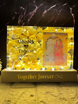 Resin 9 by 6inch Recatngular shape with white petals and  couple photo and Name,Date,Hastag, with LED stand Varmala preservation