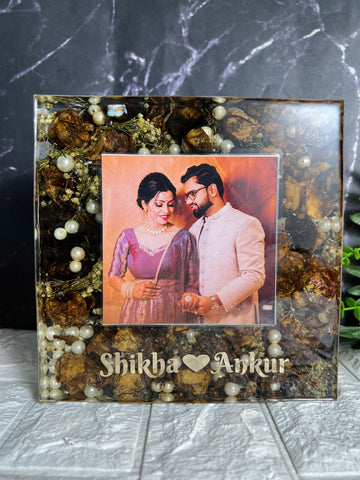 Resin 8inch block with couple photo and Name with yellow flowers and pearls Varmala preservation