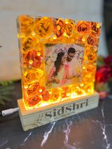 Resin 8inch block with white and Pink flower with couple photo and Hashtag with LED stand varmala  preservation