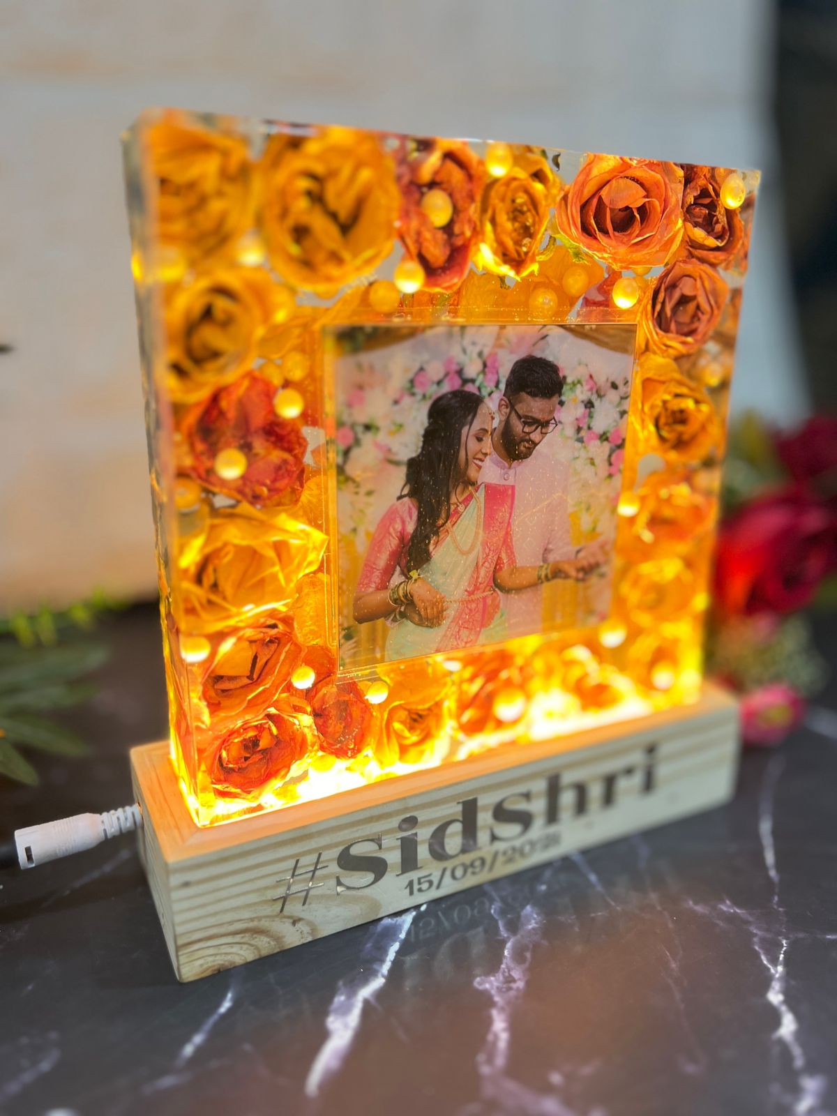 Resin 8inch block with white and Pink flower with couple photo and Hashtag with LED stand varmala  preservation