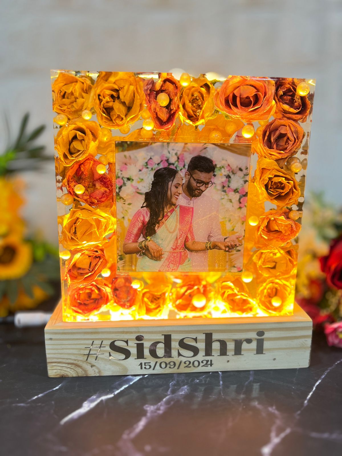 Resin 8inch block with white and Pink flower with couple photo and Hashtag with LED stand varmala  preservation