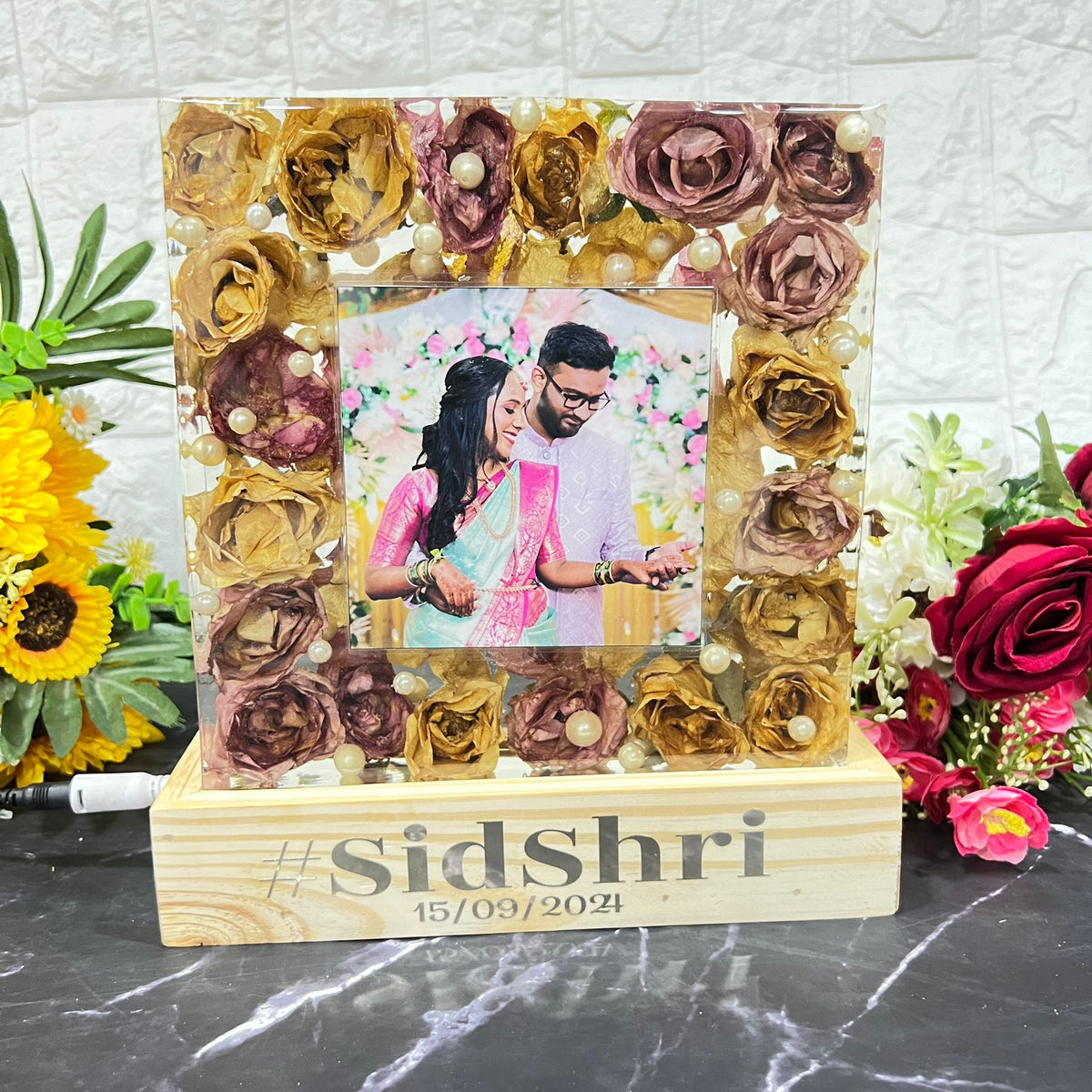 Resin 8inch block with white and Pink flower with couple photo and Hashtag with LED stand varmala  preservation