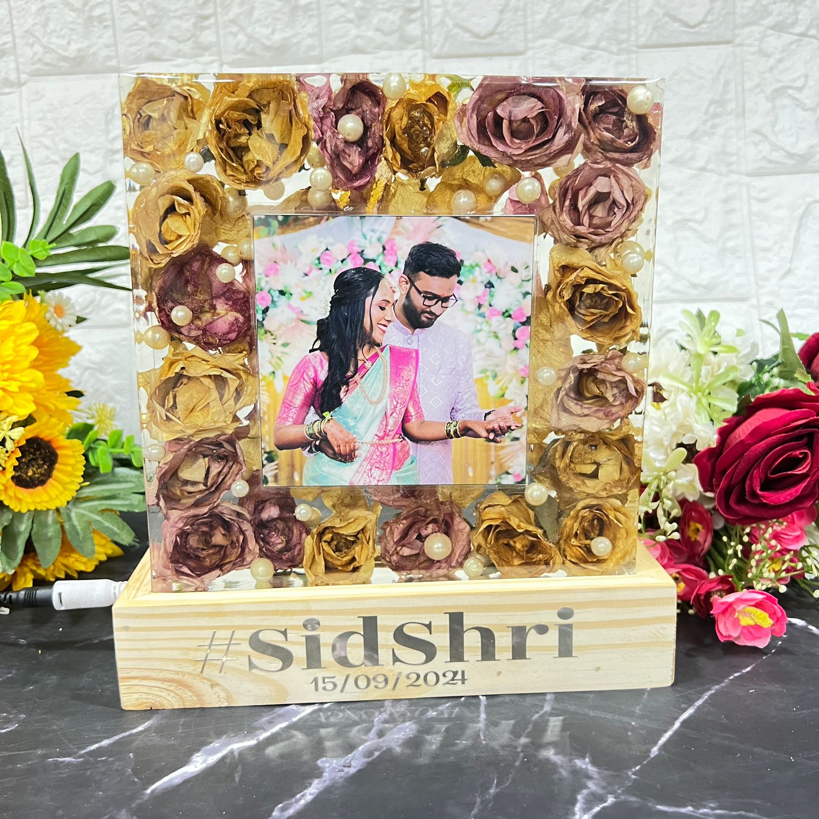 Resin 8inch block with white and Pink flower with couple photo and Hashtag with LED stand varmala  preservation