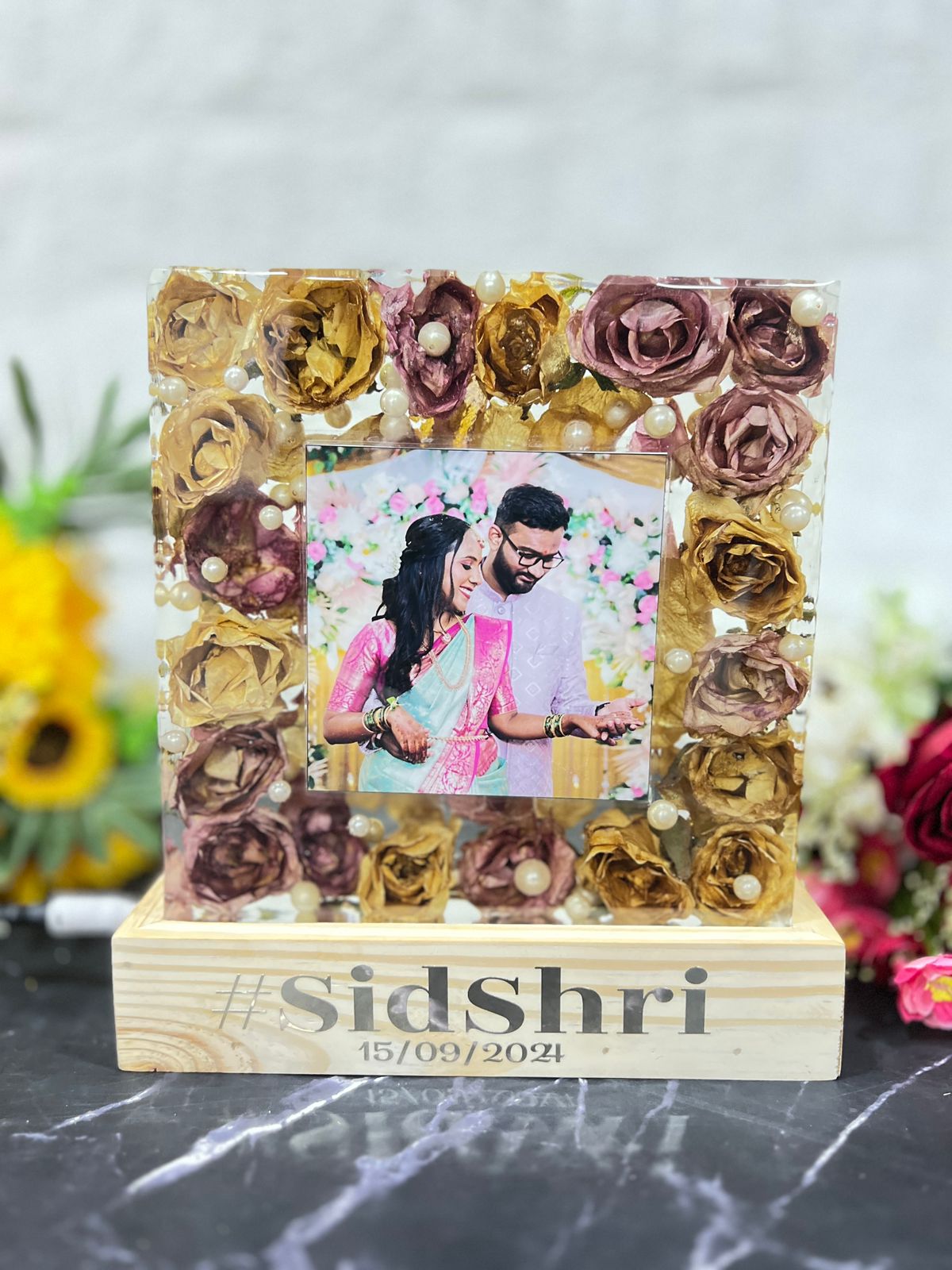Resin 8inch block with white and Pink flower with couple photo and Hashtag with LED stand varmala  preservation