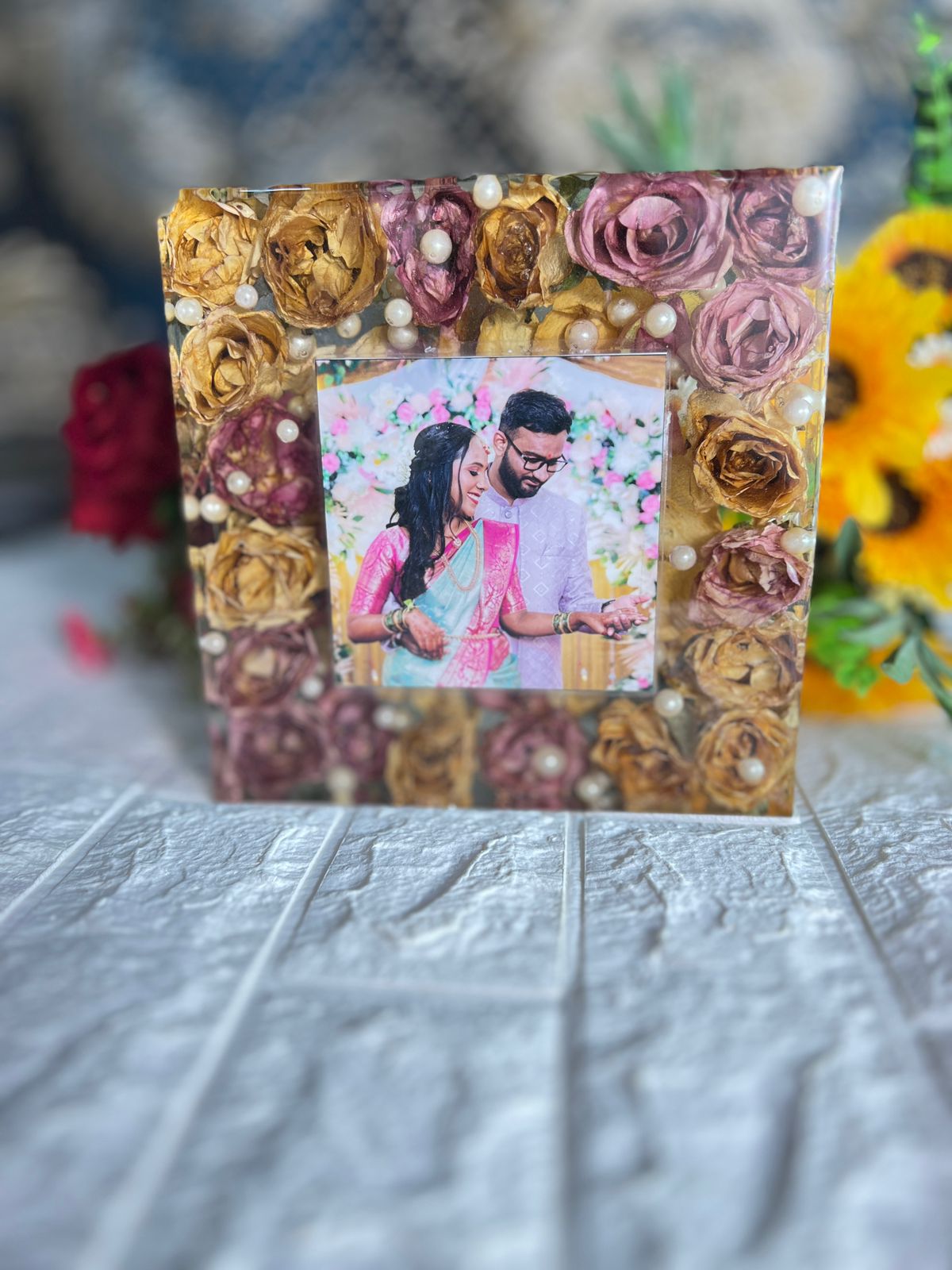 Resin 8inch block with white and Pink flower with couple photo and Hashtag with LED stand varmala  preservation
