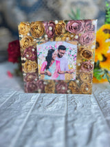 Resin 8inch block with white and Pink flower with couple photo and Hashtag with LED stand varmala  preservation