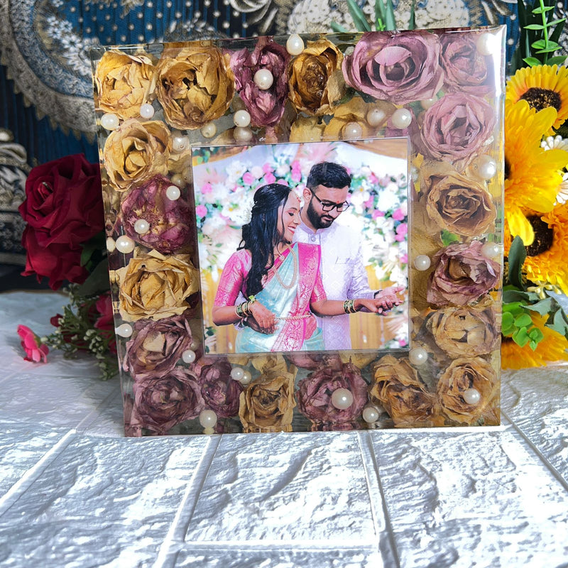 Resin 8inch block with white and Pink flower with couple photo and Hashtag with LED stand varmala  preservation