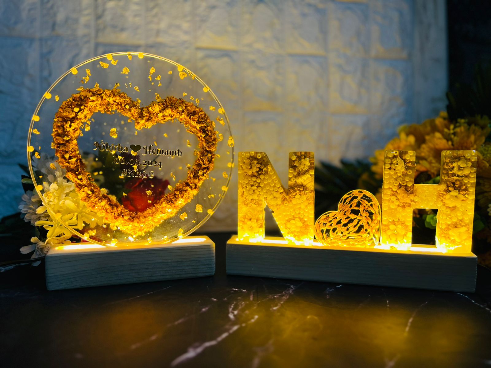 Resin 8inch round with Heart shape with LED stand & Name initial Lamp with heart sign with LED stand Varmala preservation