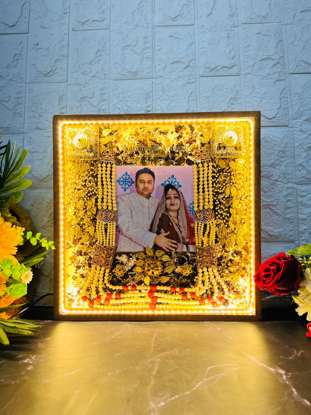 Resin 12 by 12 inch wooden frame with LED and cruch of flowers peserved with Memory Varmala Preservation
