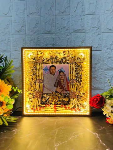 Resin 12 by 12 inch wooden frame with LED and cruch of flowers peserved with Memory Varmala Preservation