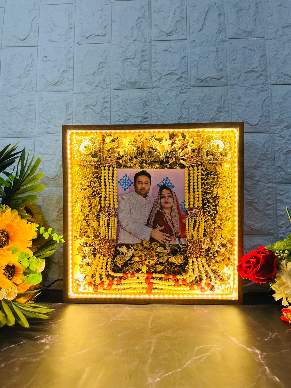 Resin 12 by 12 inch wooden frame with LED and cruch of flowers peserved with Memory Varmala Preservation