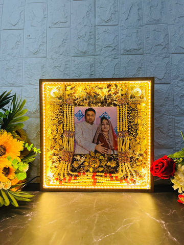 Resin 12 by 12 inch wooden frame with LED and cruch of flowers peserved with Memory Varmala Preservation