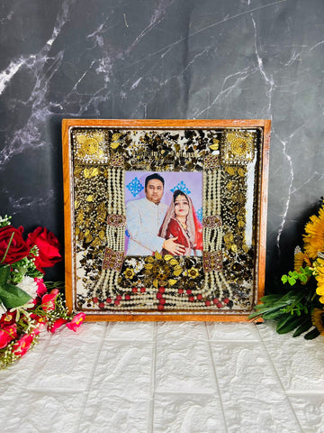 Resin 12 by 12 inch wooden frame with LED and cruch of flowers peserved with Memory Varmala Preservation