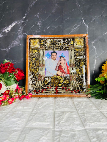 Resin 12 by 12 inch wooden frame with LED and cruch of flowers peserved with Memory Varmala Preservation