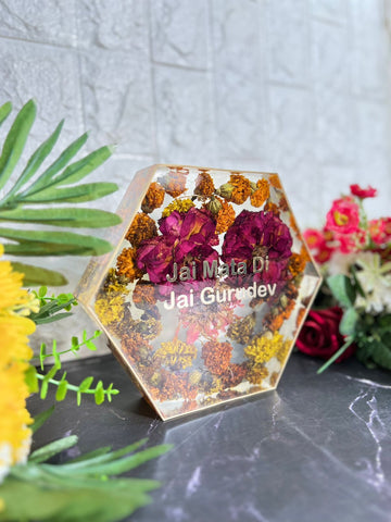 Resin 8inch hexagonal frame with holy flower preservation