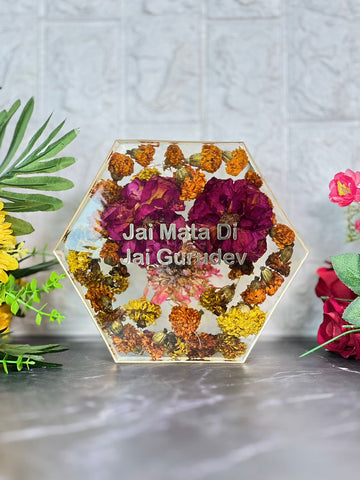 Resin 8inch hexagonal frame with holy flower preservation