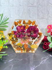 Resin 8inch hexagonal frame with holy flower preservation
