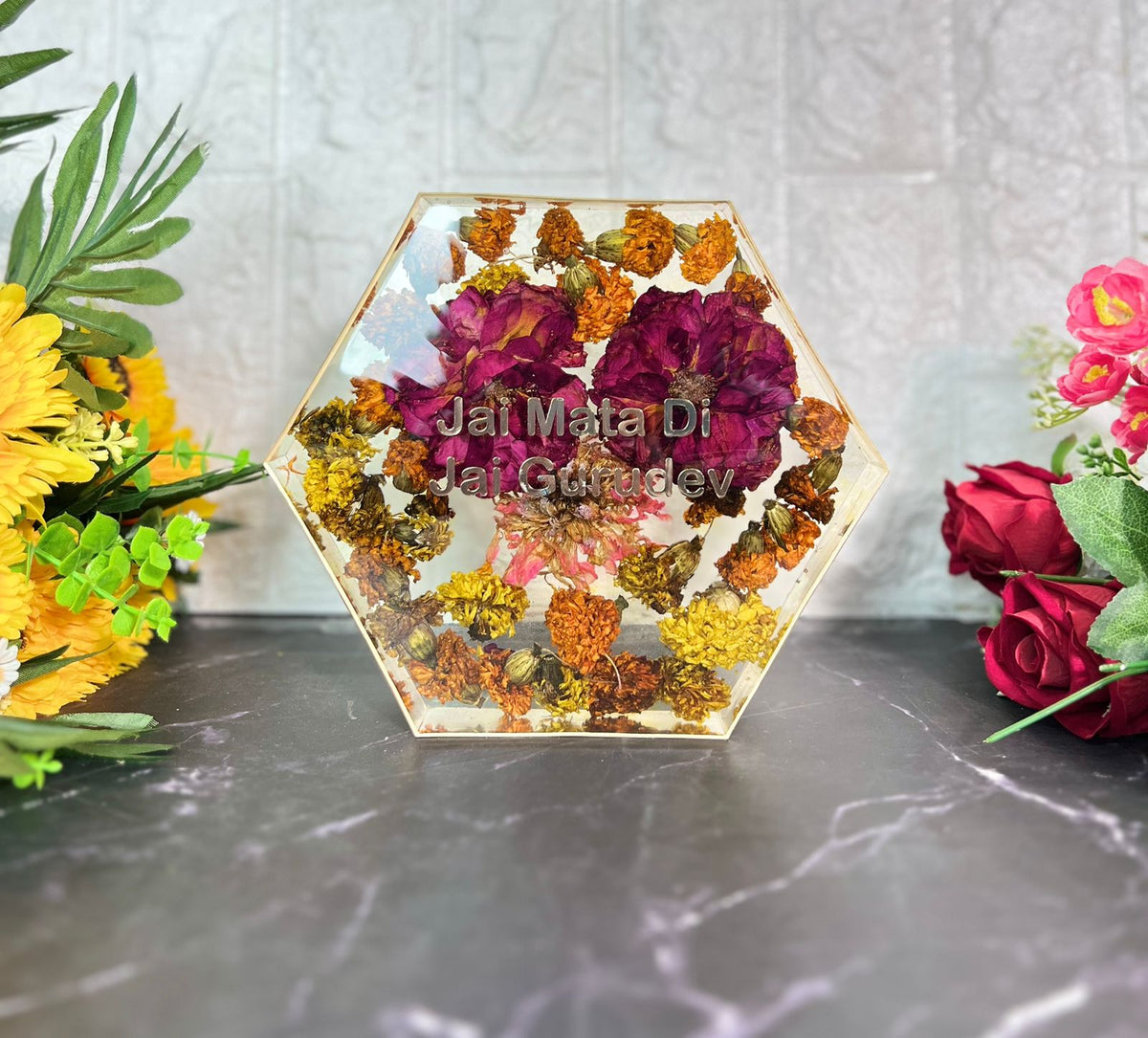 Resin 8inch hexagonal frame with holy flower preservation