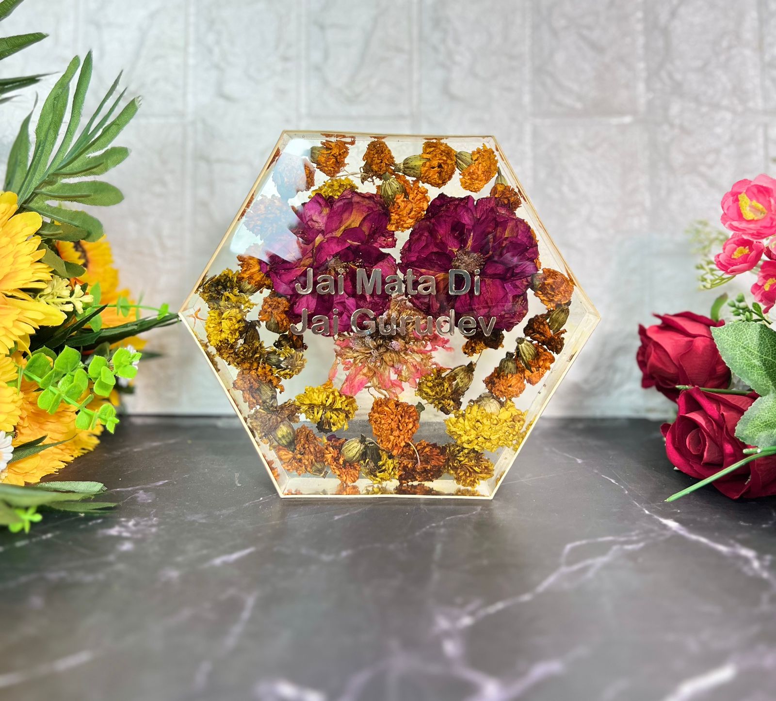 Resin 8inch hexagonal frame with holy flower preservation
