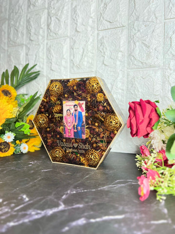 Resin 8inch hexagonal blog with read petals and pearls with couple photo and Name , Date Varmala preservation