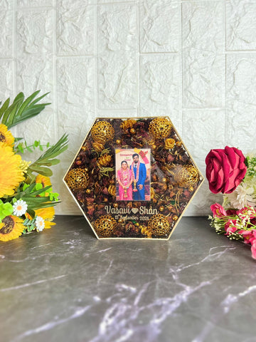 Resin 8inch hexagonal blog with read petals and pearls with couple photo and Name , Date Varmala preservation