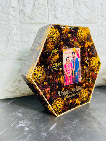 Resin 8inch hexagonal blog with read petals and pearls with couple photo and Name , Date Varmala preservation