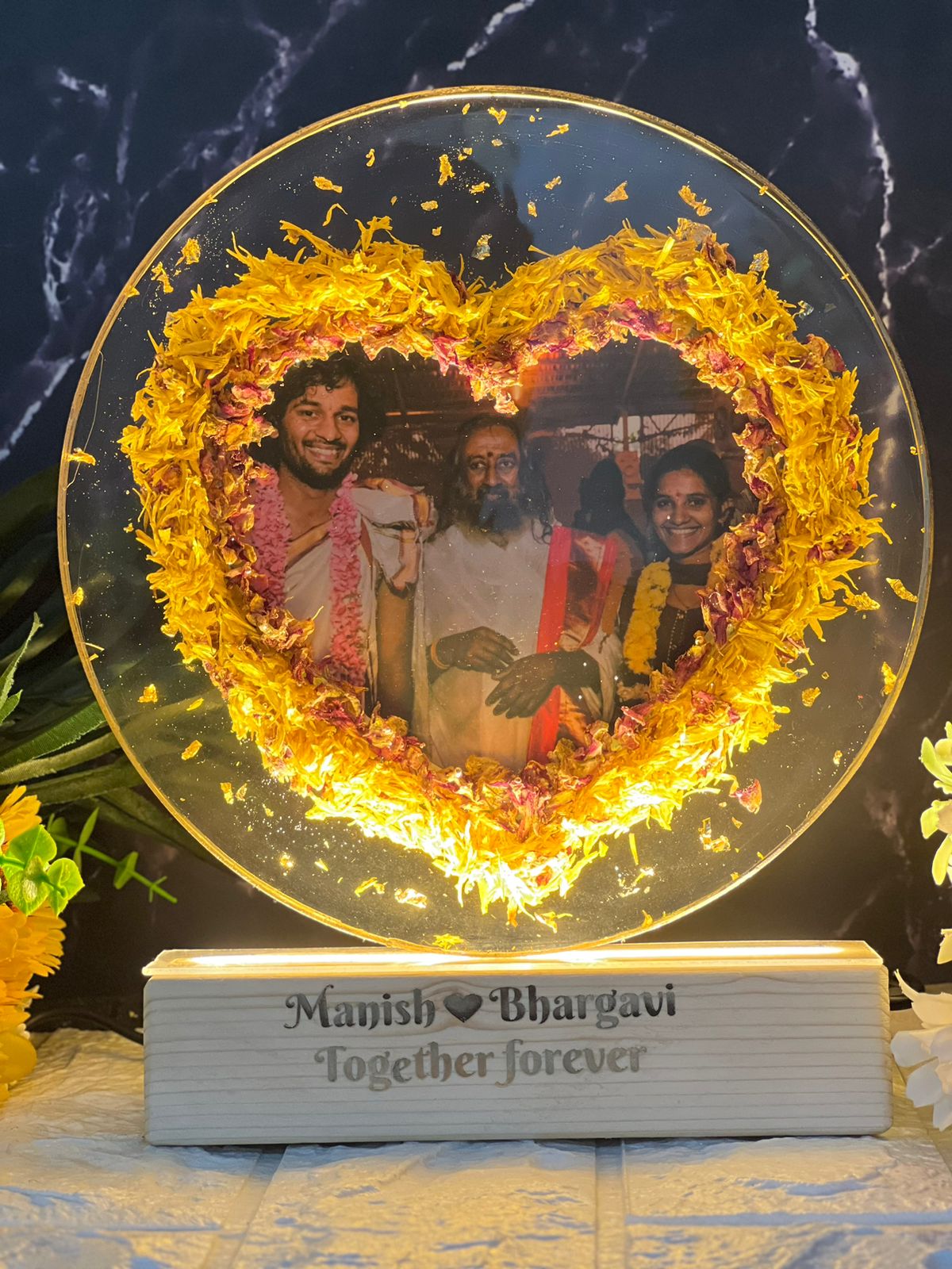 Resin 8inch round with yellow and pink flower petals with Heart shape and couple photo and Name  with LED stand  Varmala Preservation