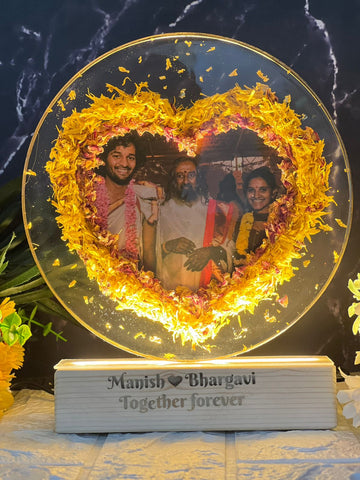 Resin 8inch round with yellow and pink flower petals with Heart shape and couple photo and Name  with LED stand  Varmala Preservation
