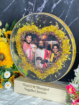 Resin 8inch round with yellow and pink flower petals with Heart shape and couple photo and Name  with LED stand  Varmala Preservation