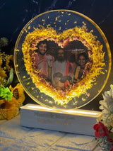 Resin 8inch round with yellow and pink flower petals with Heart shape and couple photo and Name  with LED stand  Varmala Preservation