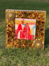 Resin 12 inch Acralic Frame with yellow flower and kaleera with couple photo and date with Pearls  Varmala preservation