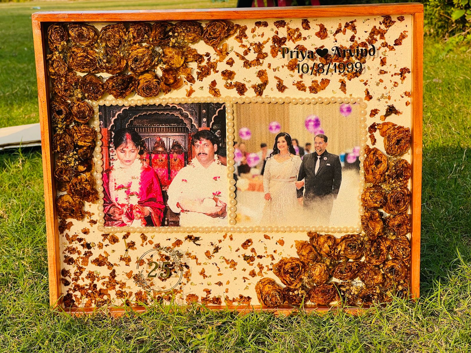 Resin 15 by 18 inch wooden frame with doule photo and pearl border with yellow flower and petales with couple Name and Date  Varmala preservation