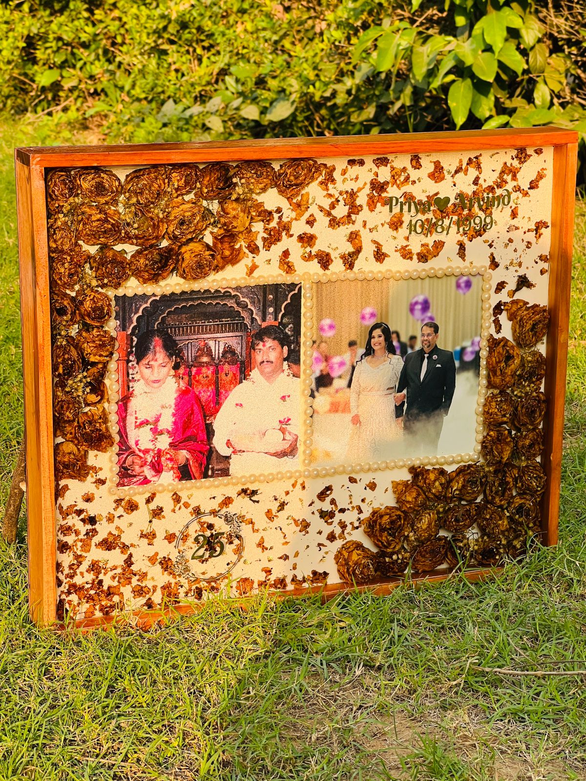 Resin 15 by 18 inch wooden frame with doule photo and pearl border with yellow flower and petales with couple Name and Date  Varmala preservation