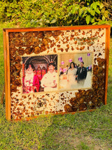 Resin 15 by 18 inch wooden frame with doule photo and pearl border with yellow flower and petales with couple Name and Date  Varmala preservation