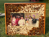 Resin 15 by 18 inch wooden frame with doule photo and pearl border with yellow flower and petales with couple Name and Date  Varmala preservation