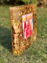 Resin 12 inch Acralic Frame with yellow flower and kaleera with couple photo and date with Pearls  Varmala preservation