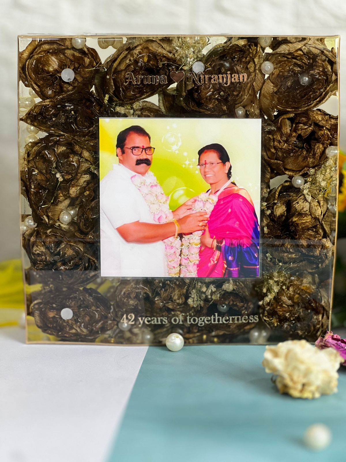 Resin 8inch squre with Lotus flower and pearls with Couple photo and Name memores Varmala Preservation