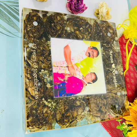 Resin 8inch squre with Lotus flower and pearls with Couple photo and Name memores Varmala Preservation