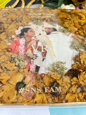 Resin 8inch squre with couple photo and Name and Date with Couple photo and Logo white Flower Varmala Preservation